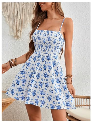 Floerns Women's Boho Floral Print Sleeveless Sundress Ruched Bust Flare Hem Vacation Cami Short Dress3