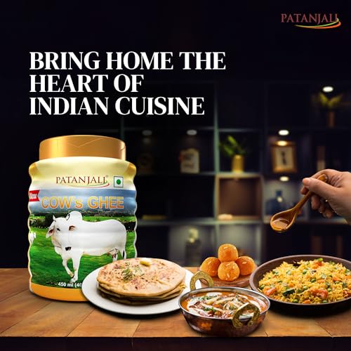 Image of Patanjali Cow Ghee Jar 450ml - Pure Danedar Rich Aroma Gau Ghrita Cow Milk Ghee | Suitable for Cooking Sweets & Daily Use | No Additives (Pack of 3)