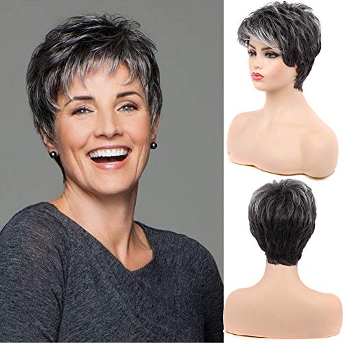 Kaneles Short Pixie Cut Gray Wig for Women Layered Curly Heat Resistant Synthetic Hair Wig with Bangs