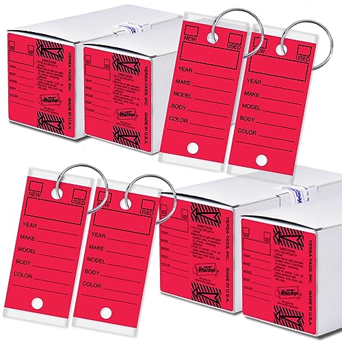 Image of Versa-Tags Red Self-Protecting Key Tags with Chrome-Plated Split Rings, 1000 Count Automotive Dealership Key Tags for Car Truck RV Inventory & Service Organization | Red self-protecting key tags with chrome split rings for automotive dealerships, vehicle inventory, and service organization