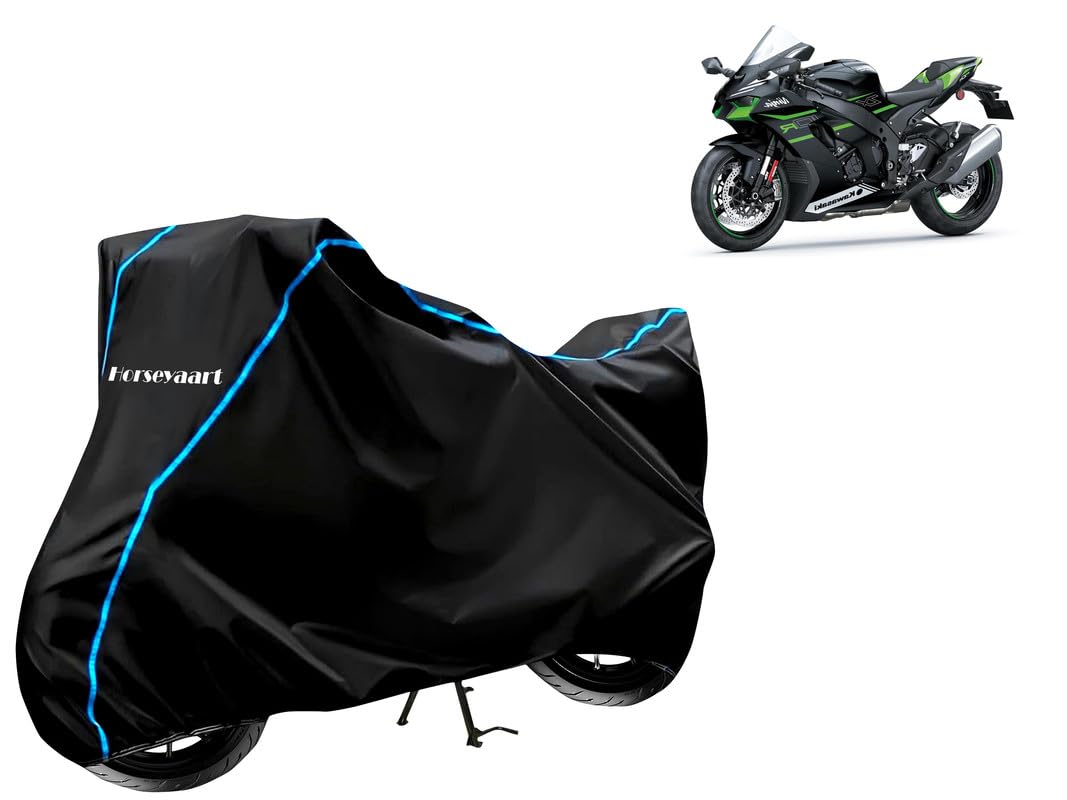 Horseyaart - Bike Cover Water Resistant Compatible with Kawasaki Ninja ZX-10R SE Bike Cover with Elastic and Belt Bukle Lock with Stripe Piping Design (Black and Blue)