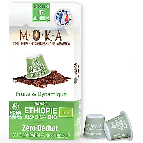 MOKA 10 Capsules 100% Pur Arabica d'Ethiopie Bio - Compatible avec les machines à Capsules Nespresso - Intensité 8 - Biodégradables et Home Compost - Expresso et Lungo - Torréfié en France