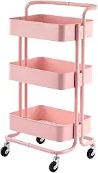 Carrinho Organizador Multiuso com 03 Prateleiras Rosa Casa Cozinha Escritório Prático Funcional