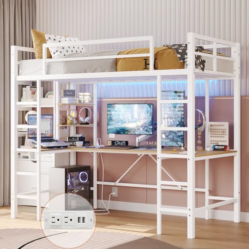 DICTAC Loft Bed Twin Size with U Shaped Desk and Led Lights Metal Twin Loft Led Bed Frame with...