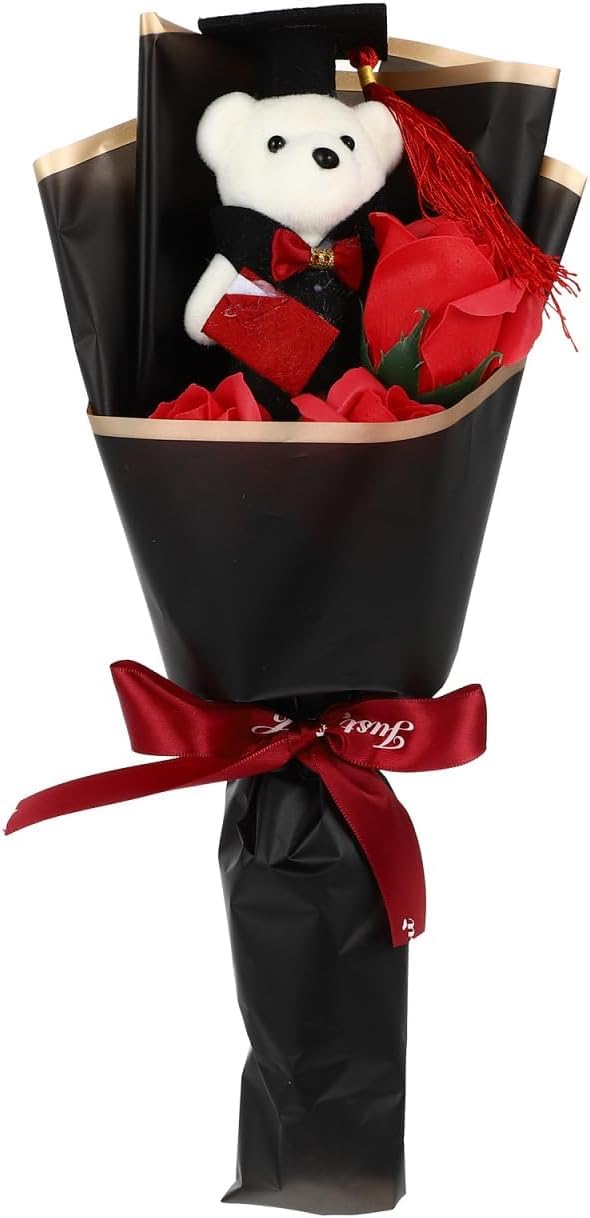 Niltracy Multicolor Graduation Artificial Flower Bouquet Mini Plush Graduation Bear Bouquet, Bear Rose Bouquet Doll Bouquet Graduation Floral Arrangements (Red)