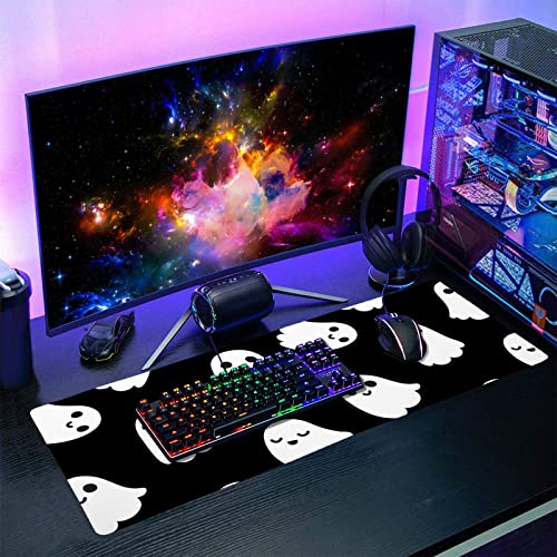 Image of Halloween Cute Ghost Mouse Pad Kawaii Cartoon Spooky Funny Spirit Extended Desk Mat Non-Slip Rubber Base Stitched Edge Large XL Black White Mousepad for Desk Gaming Laptop Desktop,31.5x11.8 Inch