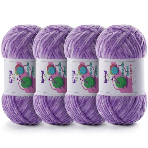 Image of Chenille Velvet Yarn for Crocheting, Purple Fuzzy Fluffy Yarn for Crochet | 4 Pack 14 Oz, 524.8 Yds Bulky Thick Chunky Yarn for Crocheting, Soft Amigurumi Yarn for knitting Baby Blankets, Scarves, Hats