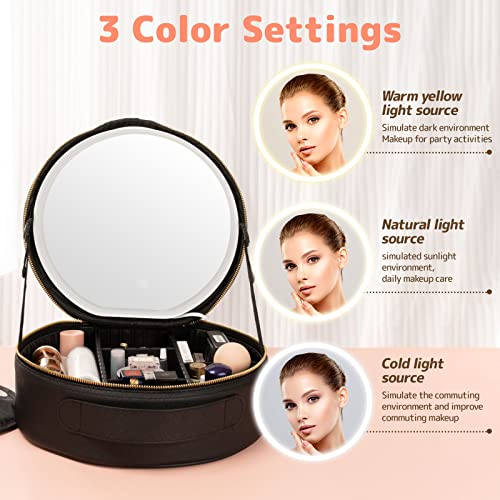 Lovloven Round Cosmetic Train Case With Lighted Mirror 3 Color Scenarios Travel Makeup Organizer With Adjustable Dividers Cosmetic Bag Storage Gift For Women, Makeup Accessories & Tools Case Black #TOP3