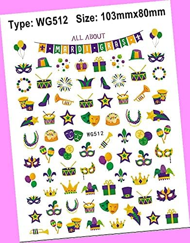 Mardi Gras Fleur De Lis Comedy Tragedy Mask Beads 3D Self-Adhesive Nail Stickers Wg512 for Nails Design Nail Art Stickers Decals Supplies Manicure Tips Sticker Colorful for Nail Decorations