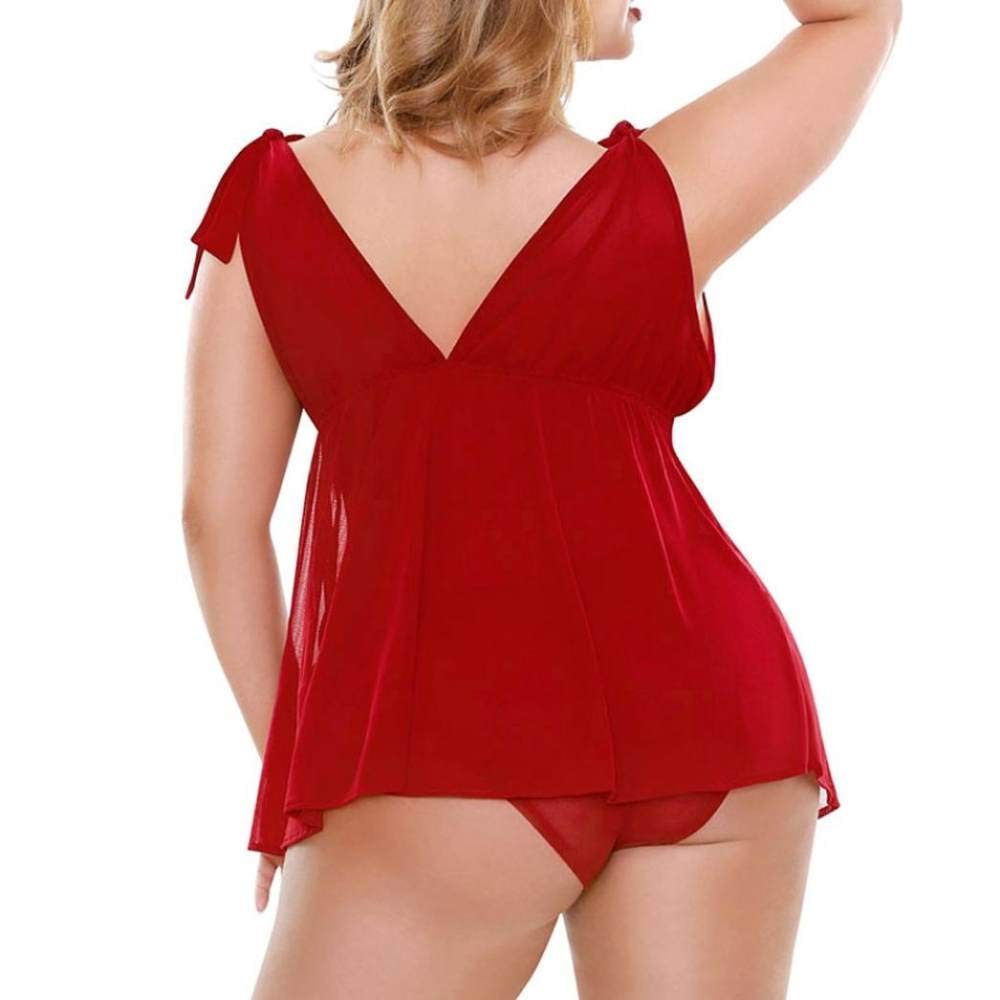 Set Taglie Forti da Donna Indumenti da Notte Abito in Rete Trasparente con Scollo all'Americana Set Camicia da Notte con Perizoma (Rosso 3XL)