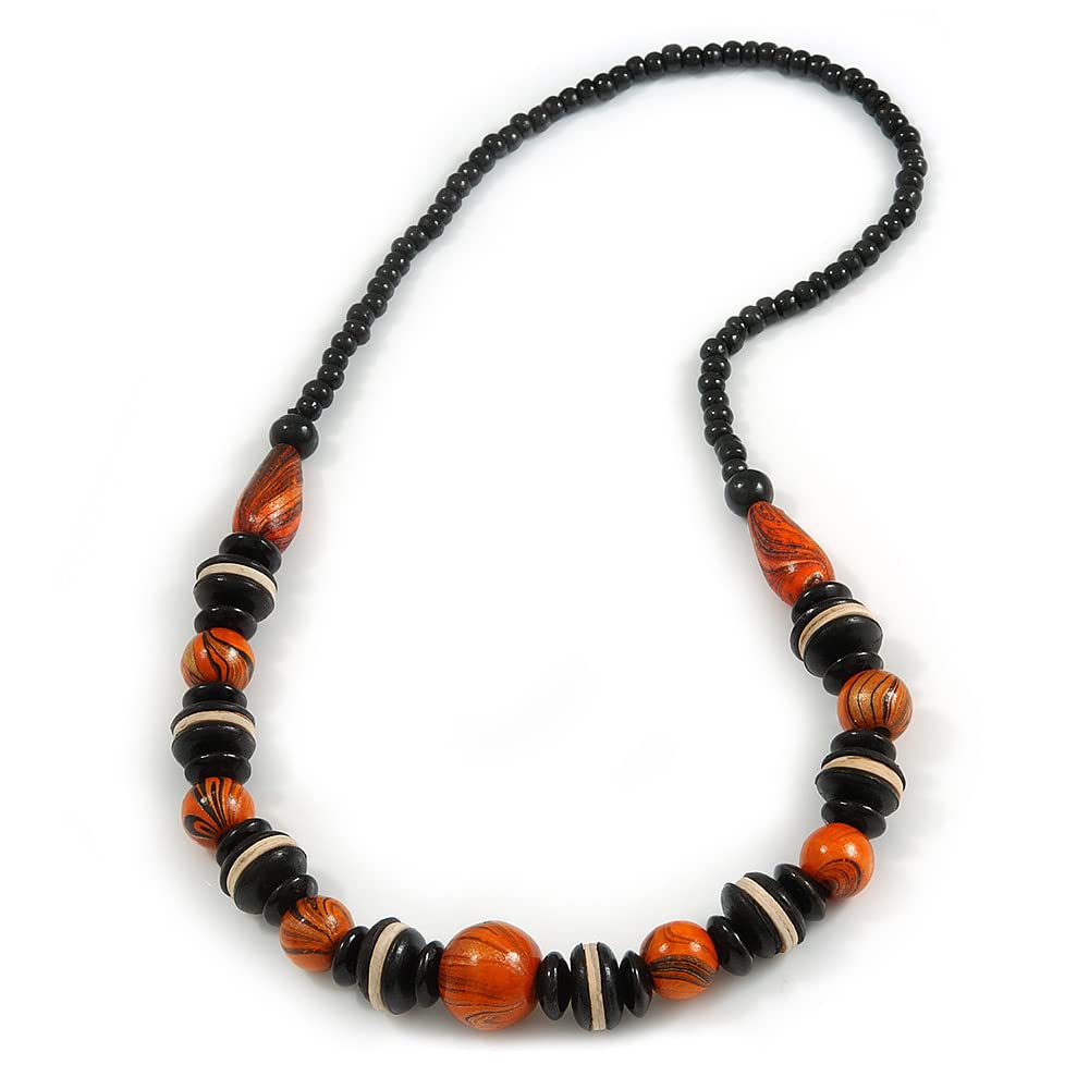 AvalayaBlack/Orange Wood Bead Necklace - 66cm Long