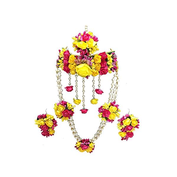 12SEASONS Yellow and Pink Fabric Flower Jewellery Necklace 2 with Maang Tika and Earrings, Bracelets for Women Girls Set of 7 Pc - Image 6