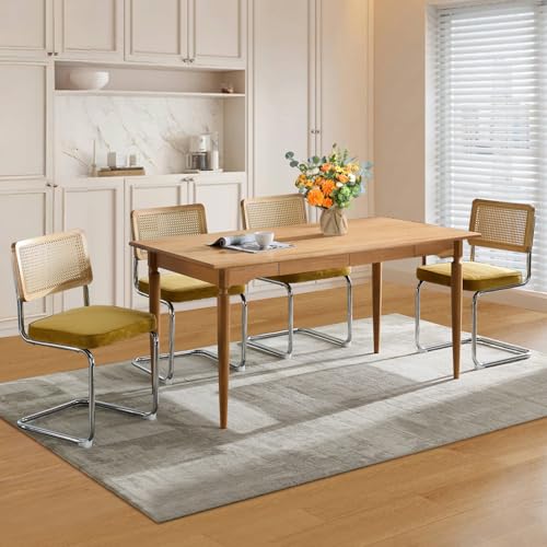 SoarFlash Chaises à Dîner Mid-Century Modernes, Dos en Raphia Tressé à la Main, Structure Cantilever en Acier Chromé, Siège Moelleux en Velours, Set de...