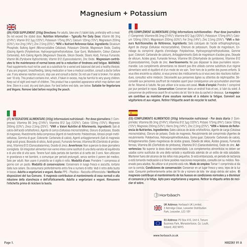 Magnesium Kalium Komplex mit Calcium Zink | 6 Monate Vorrat - 180 Vegane Tabletten | Hochdosiert | Basenpulver Tabletten | von Horbaach