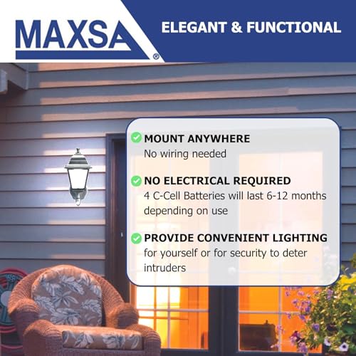 Image of Maxsa 43319-RS Battery-Powered Motion-Activated Outdoor Wall Sconce, 3000K (Warm White), Black