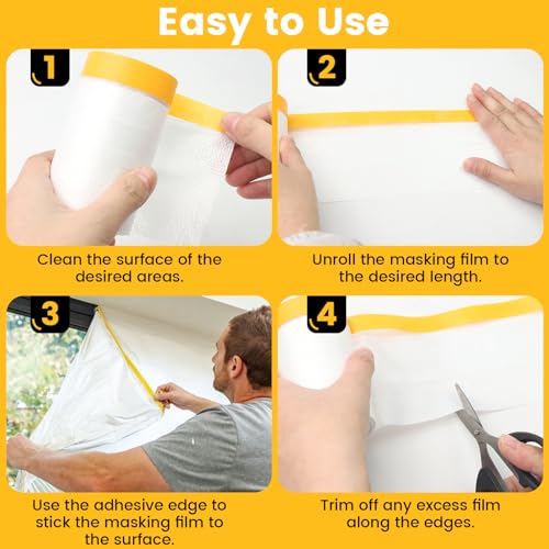 DBTW 6 Rollen Wasserfest Maler Abdeckfolie, 52m² Vorgeklebte Staubschutzfolien, Staubdicht Malerplane, Abdeckfolie mit Klebeband, Malerfolie Vor Spritzern, Malerarbeiten Abdeckplane zum Dekorieren
