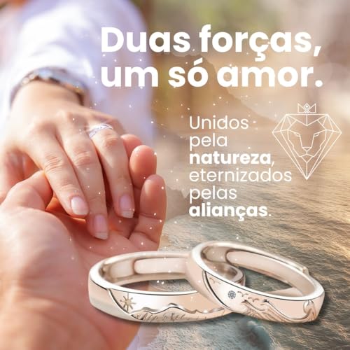 Par de Alianças Ajustáveis Banhadas a Prata - Amor Duradouro - Mares e Montanhas + Bolsa de Veludo