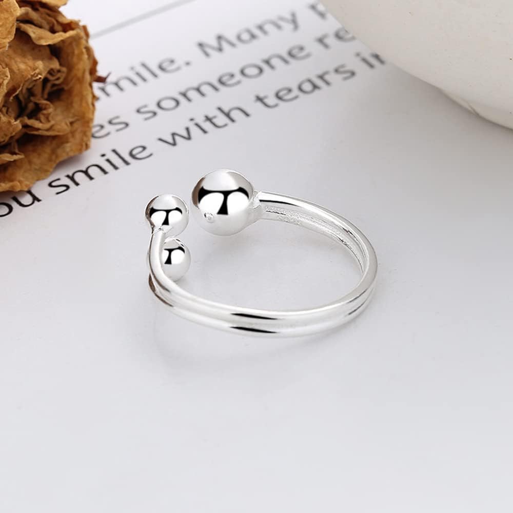 Beaded Ball S925 Sterling Silver Ring for Women Men Geometric Tiny Balls Adjustable Open Band Rings Fashion Simple Statement Stacking Middle Tail Finger Jewelry Minimalist Gift Birthday Xmas - Image 6