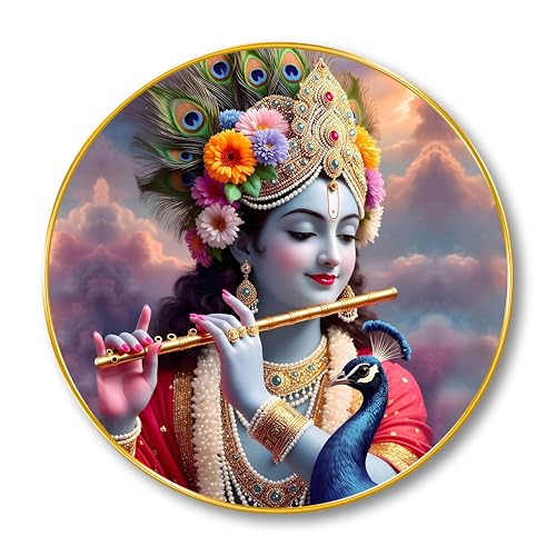 Image of SAF Shri Krishna with Peacock & Flute Wall Painting - Divine Spiritual Art in Round Golden Frame | Colorful Krishna Artwork for Home, Living Room, Pooja Room & Gift (16 X 16 Inch) GRM-296