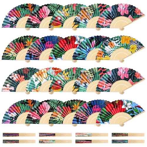 Karenhi 60 Pcs Havana Nights Folding Fans Bulk Hibiscus Tropical Folding Cuban Hand Held Fans Havana Nights Party Decorations for Hawaiian Luau Wedding Party Supplies