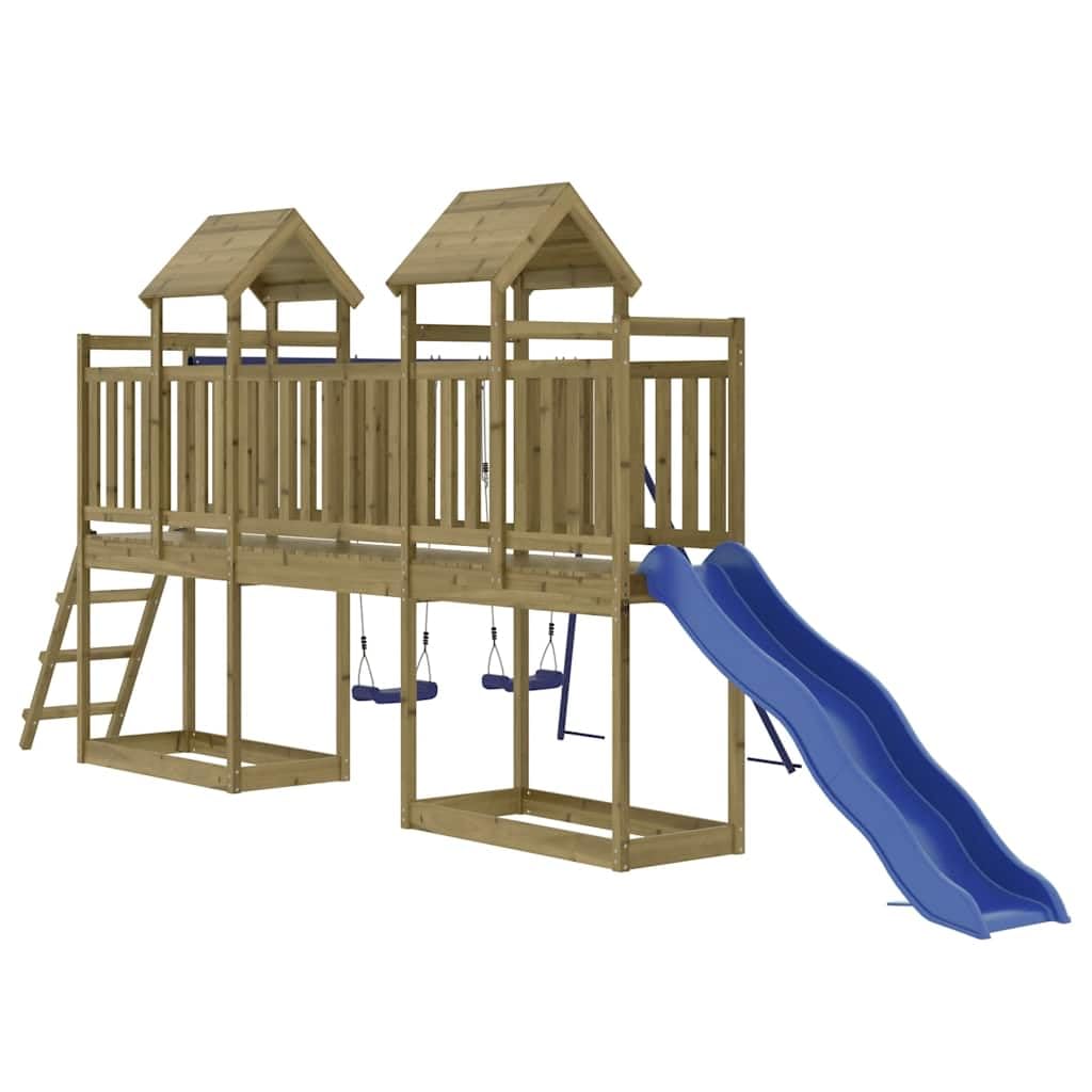 Spielturm aus imprägniertem Kiefernholz mit Rutsche Schaukel und Sandkasten für Kinder Garten Outdoor Spielplatz Kinderhaus Kinderspielgerät mit Klettergerüst Seilring Zubehör