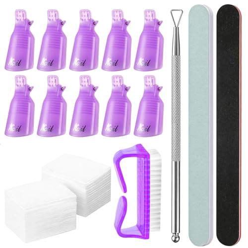 Image of MelodySusie 6PCS Nail Polish Gel Remover Tools Kit with Nail Clips | 10pcs Purple Fingers Clips, 100pcs Lint-Free Wipes, Files 100 /180, Buffer Block 400 /4000, Brush, Cuticle Pusher