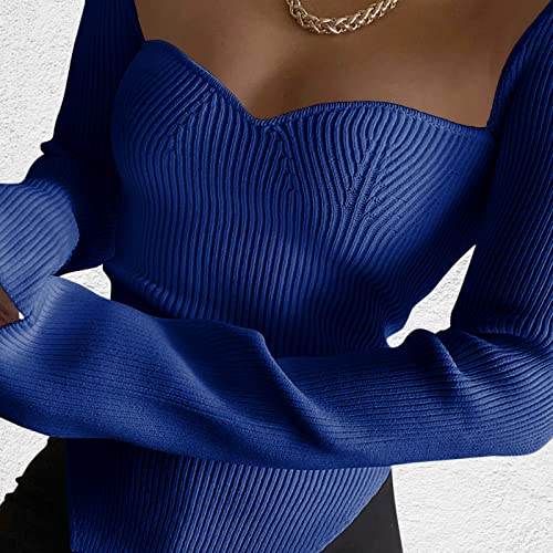 Image of Women's Square Neck Ribbed Knitted Sweater Long Sleeve Crop Slim Fitted Basic Pullover Tops