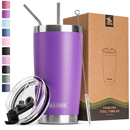 Koodee 20 oz Tumbler with Lid-Stainless Steel Double Wall Vacuum Insulated Coffee Tumbler Cup with 2 Straws, 1 Lids and Brush (Purple)
