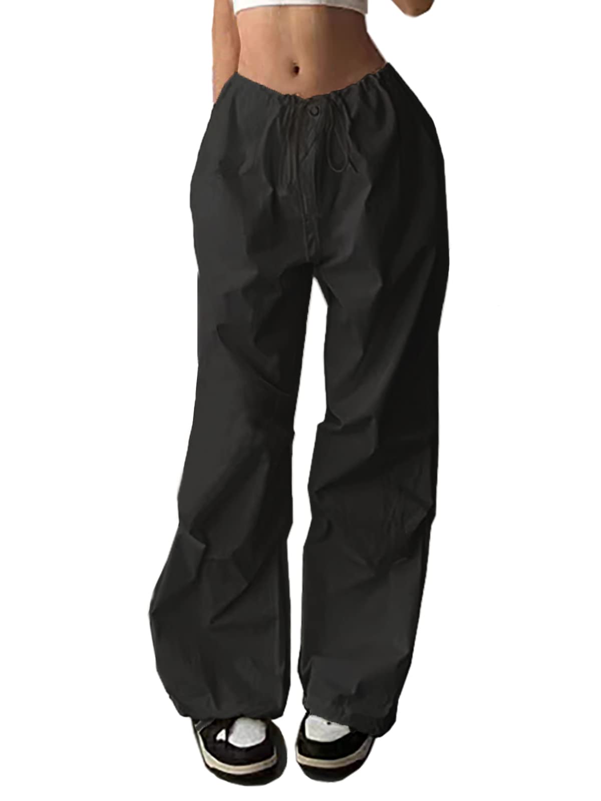 DUKBUBI Parachute Pants for Women Y2K Baggy Cargo Pants Drawstring Elastic Waist Low Rise Hippie Joggers with Pockets C Black