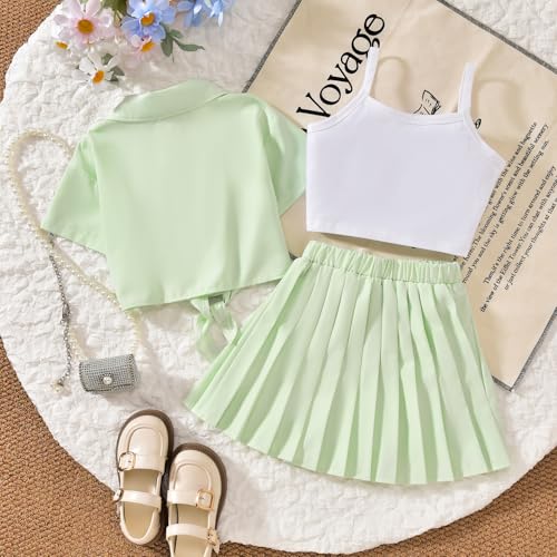 Image of HIHA Girls 3 Piece Outfit Cami Crop Tops Skirt Set with Button Down Shirts Size 6-12
