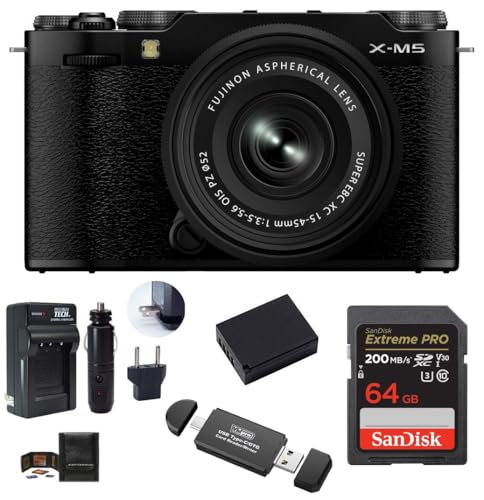 FUJIFILM X-M5 Mirrorless Camera with XC 15-45mm Lens Bundle, Includes: SanDisk 64GB Extreme PRO SDXC Memory Card, Spare Battery and More (6 Items) (Black)