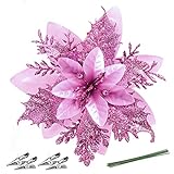FurRain Christmas Poinsettia Artificial Flowers Decorations 5.5" Christmas Tree Wreaths Garland Decoration 12 Pcs Glitter Flowers Picks Decor for Xmas New Year Wedding Party Ornaments (Purple)