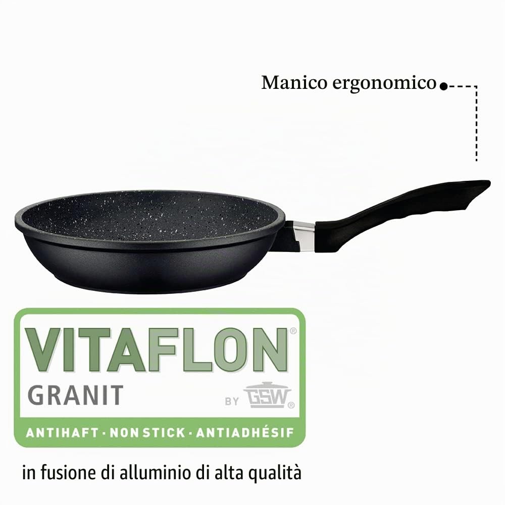 GSW Set di pentole e padelle Gourmet Granit – Set di pentole e padella di alta qualità con coperchio, anche per induzione e forno, in alluminio pressofuso, 7 pezzi, nero