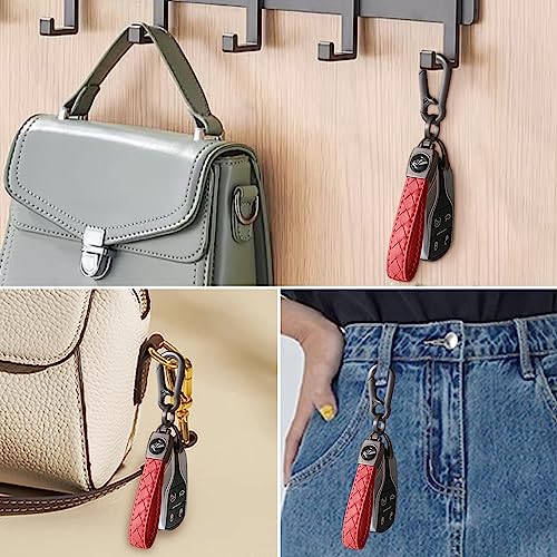 Image of Gkeygo Carabiner Keychain, Universal Heavy Duty Woven Handmade Leather Key Chain, Car Fob Key Keychains with 360 Degree Rotatable Snap Swivel and Anti-Lost D-Ring for Men and Women, Gunmetal - Red