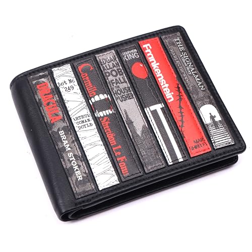 Men's Slim RFID Blocking Wallet – Top Grain Leather Bifold with 10 Card Slots, ID Window & Durable Stitching (Horror Bookworm)