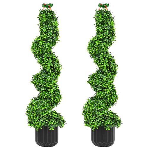 2 Pack 3FT Artificial Spiral Topiary Trees, Realistic Boxwood Trees, Evergreen PE Faux Plants with Durable Pot, Outdoor & Indoor Year-Round Garden, Patio, Porch, Home Entryway Decor
