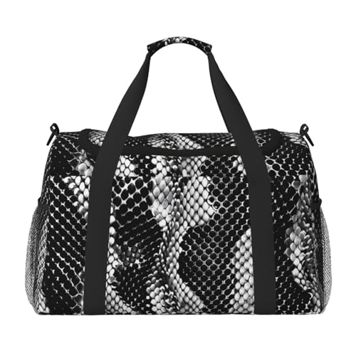 Black White Snake Skin Printed Travel Duffle Bag for Men Women Large Sport Gym Bag Handbag with Shoulder Strap for Travel Weekend Fishing Hunting