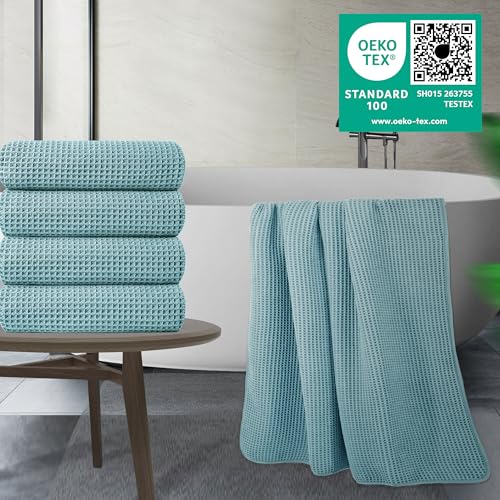 Image of POLYTE 430 GSM Microfiber Oversize Quick Dry Lint Free Bath Towel, 60 x 30 in, 4 Pack (Waffle Weave)