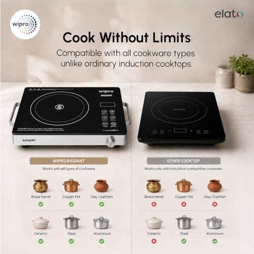Image of Wipro Elato CIRC201 Infrared Radiant Cooktop 2200W |Works With ALL Cookware - Kadai, Glass, Clay, Aluminium & Steel |Preset Menus, Timer & Overheat Protection |Crystal Glass Top|Black|1 Year Warranty