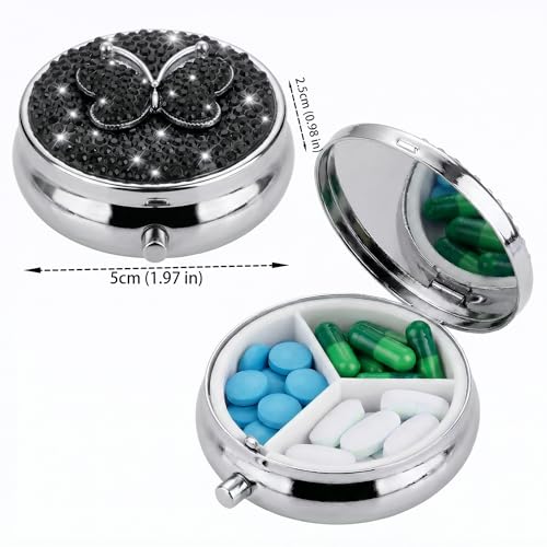 Image of Medicine Organizer Box Butterfly Pocket Pharmacy Bling Travel Pill Case Box for Purse Mini Pill Holder Organizer Small Pills Container for Vitamin(Black)