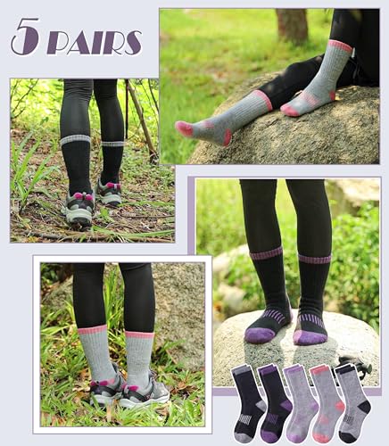 Image of DYW Womens Merino Wool Hiking Socks Thermal Warm Winter Boot Crew Socks Cushion Work Walking Gift Socks 5 Pairs