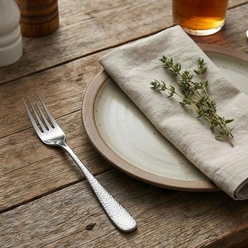 Image of Sterling Silver Hammered 4-Piece Cutlery Set | 2 Tablespoons & 2 Dinner Forks (8.1 inch) | Durable Stainless Steel Tableware for Home, Restaurants, and Gift Giving