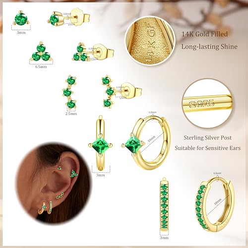 5 Pairs 14K Gold Filled Hoop Earrings Sterling Silver Post Cubic Zirconia Studs Earrings for Women Trendy Cartilage Earrings Huggie Hoop Earrings Set for Multiple Piercings4