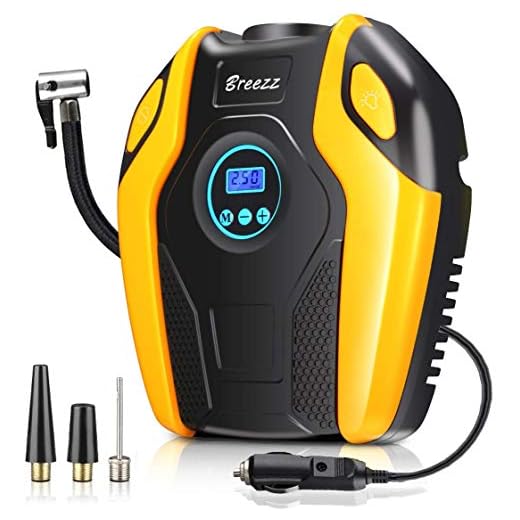 BREEZZ Tire Inflator, Air compressor Pump, 12V DC Portable Auto Tire Pump with Digital Display Pressure Gauge up to 150PSI for Car, Bicycle and Other Inflatables (Orange-1)