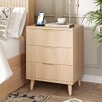Nightstand 20 inch Fluted Modern Night Stand with Charging Station, Wooden Side Table with 3 Large Storage Drawers Modern Wood Bedside End Table for Bedroom Living Room Sofa Office