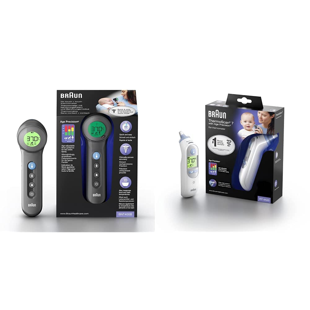 Braun Termometro Bnt400B senza Contatto e Contatto con Age Precision Nero - 310 g & Braun IRT6520 ThermoScan 7 Age Precision – Termometro Auricolare a Infrarossi, 0 mesi +, 21 coprilenti