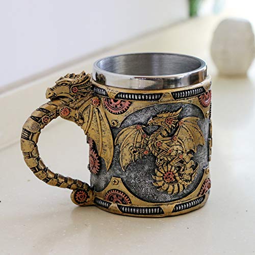 Steampunk Gearwork Mechanical Dragon Mug - Medieval Renaissance Dragons Beer Stein Tankard Stainless Coffee Cup Gift Mug For Dragon Collector Lovers Themed Party Decoration (14OZ)