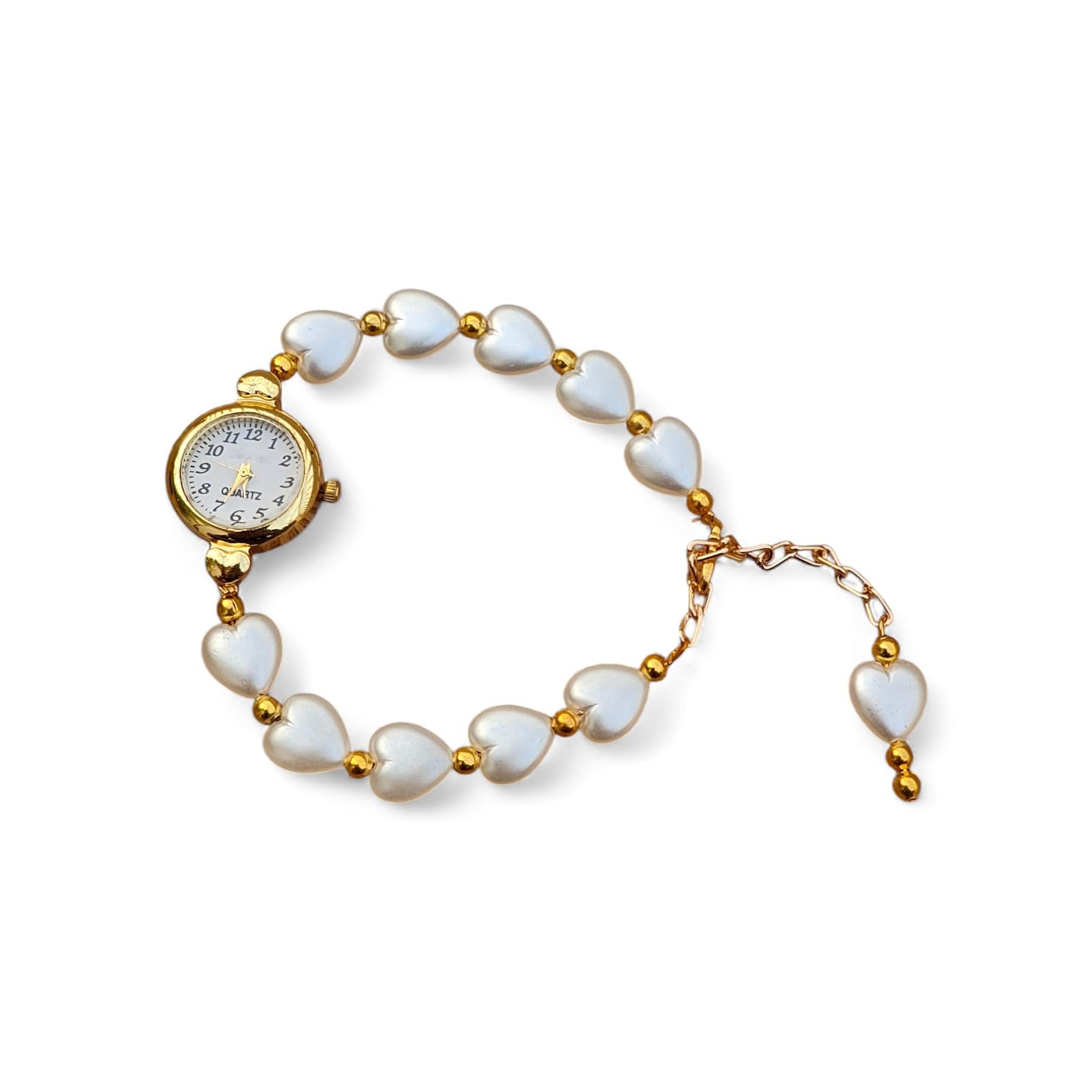 Aarohi13 Women's Quartz Wrist Watch with Pearl Heart Bead Bracelet Band, Gold-Tone, Adjustable Chain Clasp