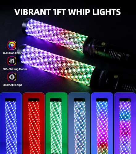 Image of ZIMABLUE 2PC 1FT Fat Whip Lights for Side by Side, App & Remote Control RGB Chasing Light whip with 3 Switchs for ATV UTV Dune Buggy Truck,LED Whip Light Compatible with Polaris RZR Can-Am Maverick X3