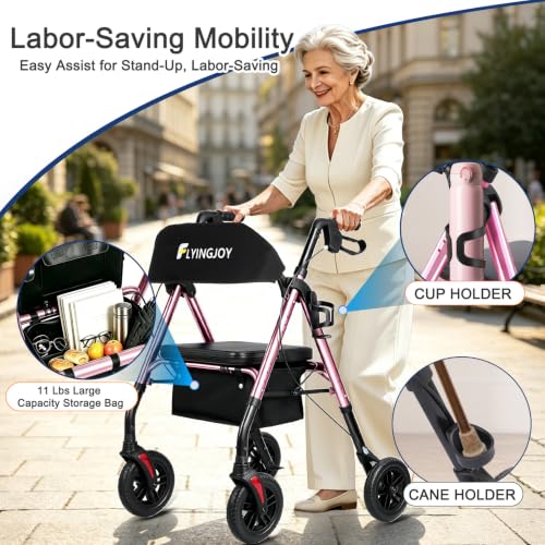 Image of Foldable Rollator Walkers for Seniors with Seat,4 Wheel Rolling Walker | 300lb|8 inch All-Terrain Wheels|Adjustable Height|Anti-tip brakes|padded seat|Tool-Free Assembly| for Adults & Mobility Impaired